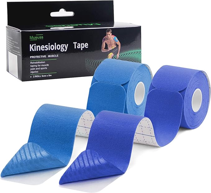 MUEUSS Kinesiology Tape Elastic Cotton Athletic Tape Precut Strips,Waterproof Tape for Protects Muscles,Knees,Shoulders Plantar Fasciitis Pain Relief,Pregnancy Belly Tape (2rolls Dark Blue&Light Blue)