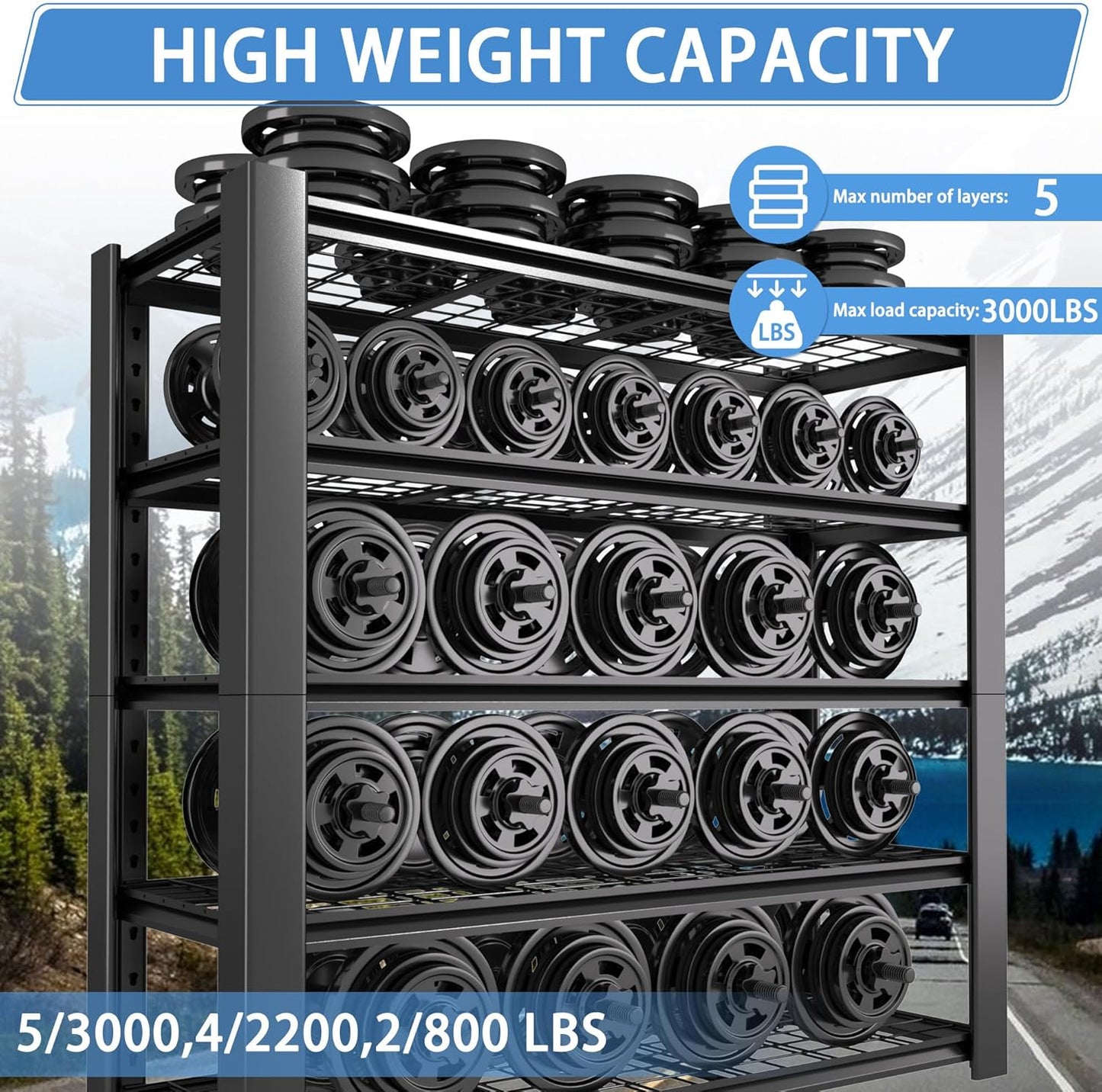 5-Tier Heavy Duty Garage Shelving Unit with Wire Shelves,3000 LBS Capacity Metal Storage Rack 76"H x 60"W x 24"D,Adjustable Boltless Steel Shelves for Garage,Basement,Pantry,Warehouse.3 Pack