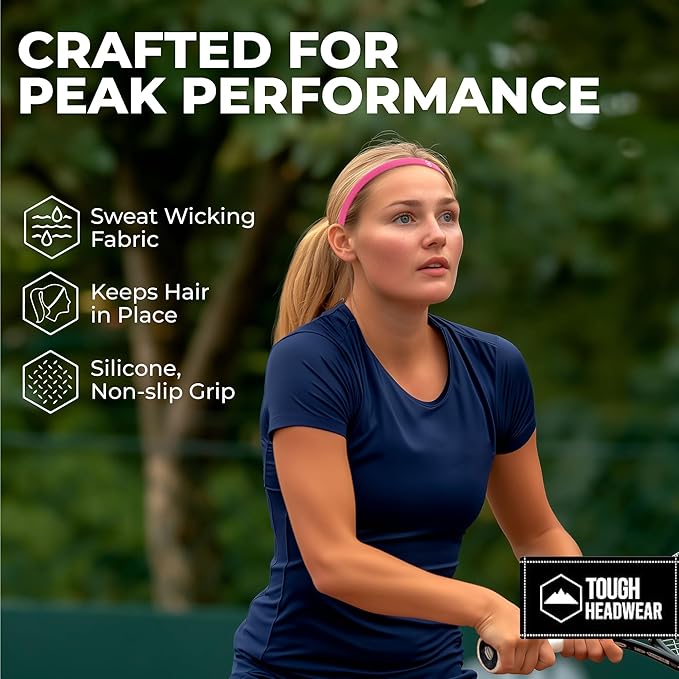 Tough Headwear Athletic Headband Set - Thin Headbands for Women - Elastic Sport Hair Bands Men - Skinny Sports Hairbands - Non Slip Athletic Head Bands for Sports - Black and Pink