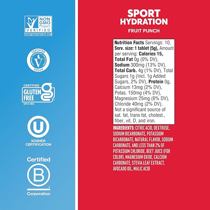 Nuun Sport Electrolyte Tablets with Magnesium, Calcium, Potassium, Chloride & Sodium, Gluten Free & Vegan, Fruit Punch, 4 Pack (40 Servings Total)