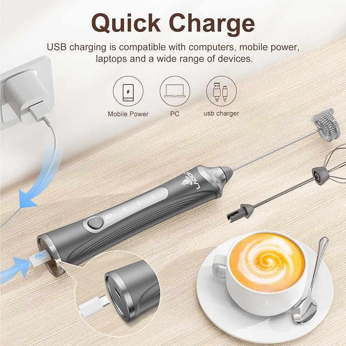 Rechargeable Frother Wand with Stand, Milk Frother with Detachable Stainless Steel Double Rings Whisk, 3-Speed Handheld Electric Drink Mixer for Lattes, Cappuccino, Coffee (Space Gray)