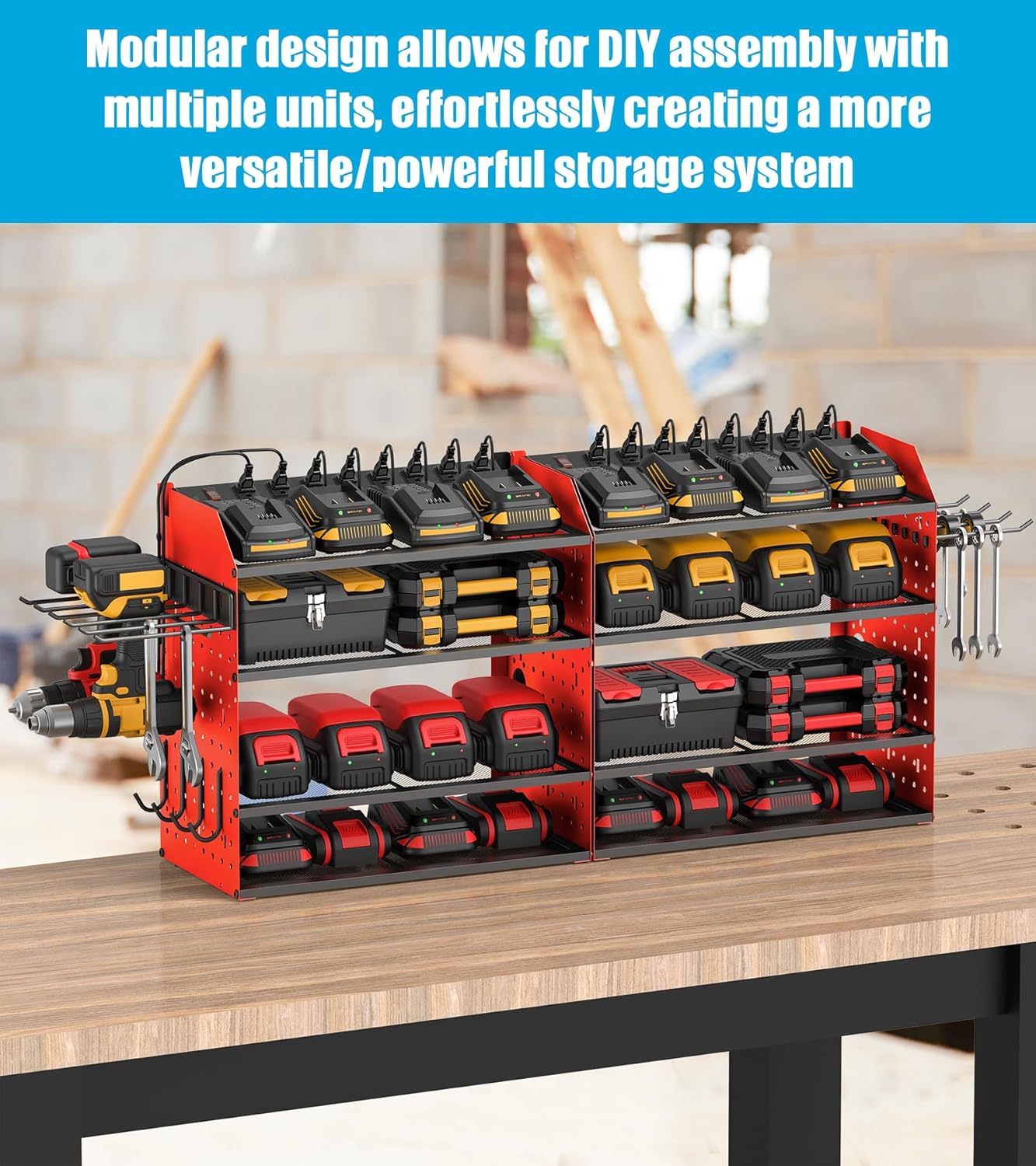 CCCEI Modular Desk Power Tools Organizer with Charging Station, 4 Layer Drills Battery Storage Wall Mount, Garage Shop Organization, Anniversary, Birthday, Gifts for Men, Father, Red, 6FT Cord.