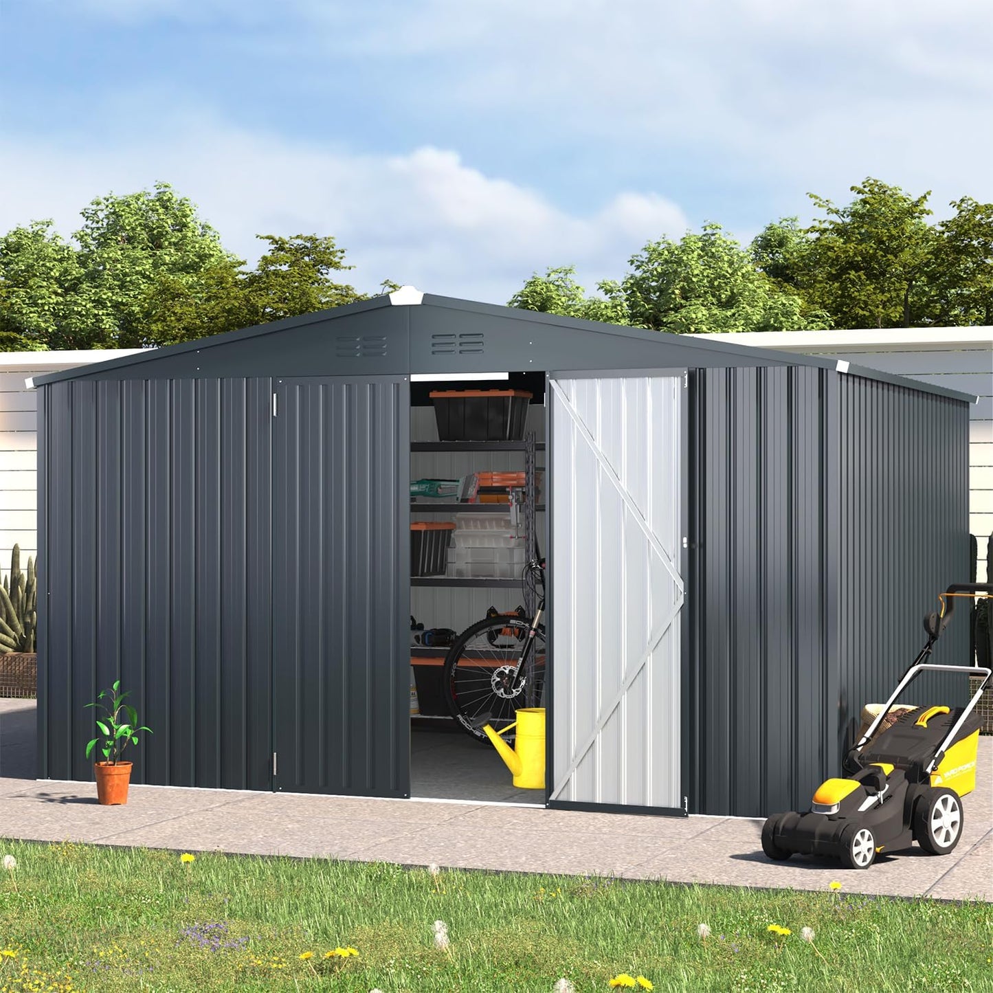 AECOJOY 12' x 12' Outdoor Storage Shed, Dark Grey Large Metal Sheds & Outdoor Storage Clearance Steel Yard Shed with Lockable Doors, Utility and Tool Storage Garden Shed for Backyard