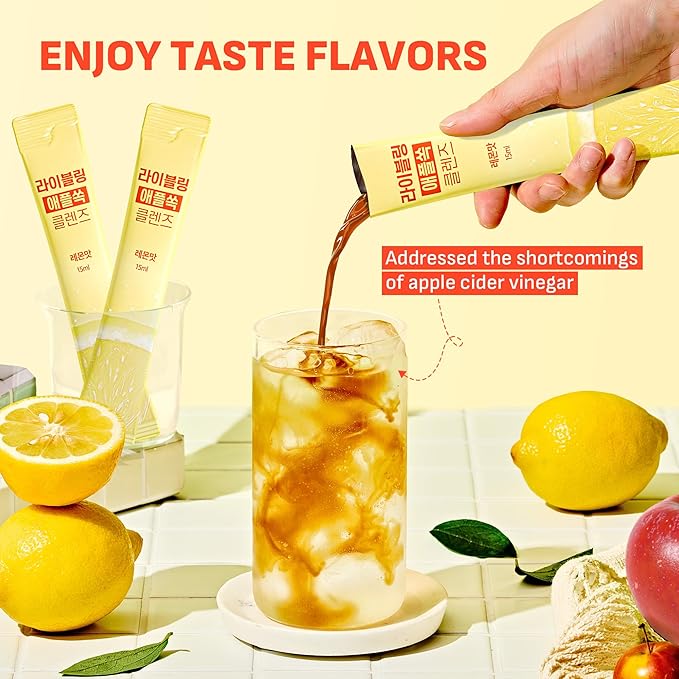 [Liveling] Apple Cider Vinegar Drink Stick – Lemon Flavor | Supports Digestion, Daily Cleanse, Sugar-Free, Low-Calories, Portable On-The-Go Packets (30 sticks)