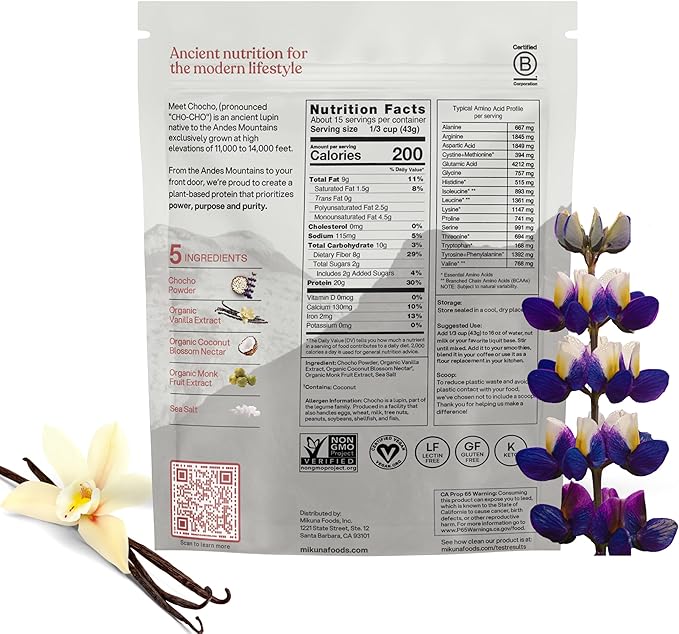 Mikuna Vegan Protein Powder (Vanilla, 15 Servings) - Plant Based Chocho Superfood Protein - Dairy Free Protein Powder Packed with Vitamins, Minerals & Fiber - Gluten, Keto & Lectin-Free