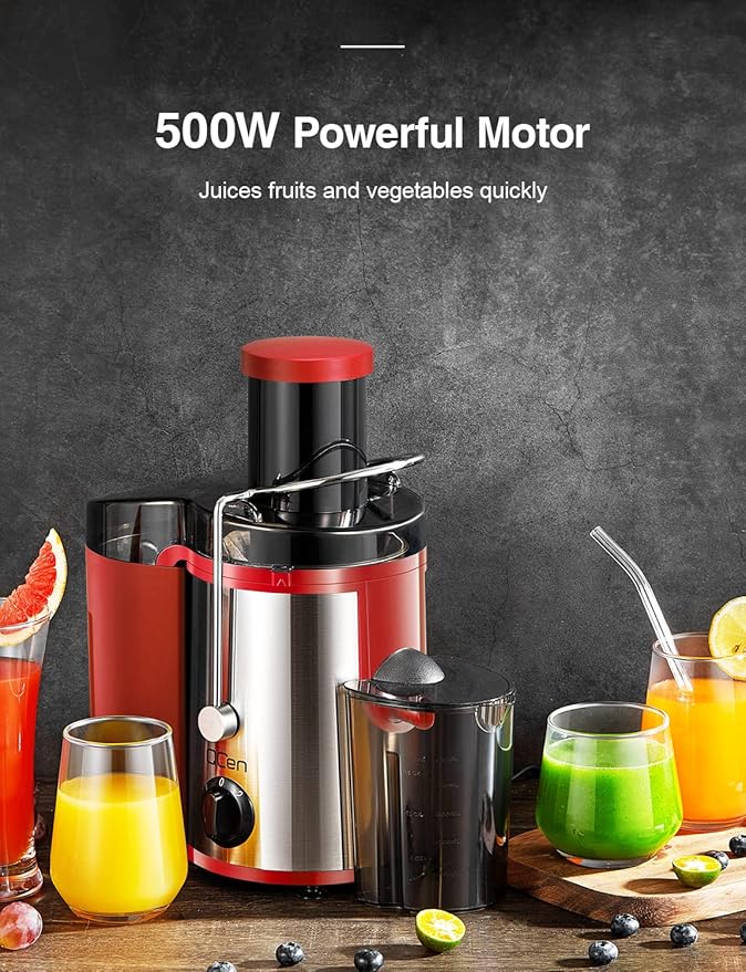 Qcen Juicer Machine, 500W Centrifugal Juicer Extractor with Wide Mouth 3” Feed Chute for Fruit Vegetable, Easy to Clean, Stainless Steel, BPA-free (Black) (Red)