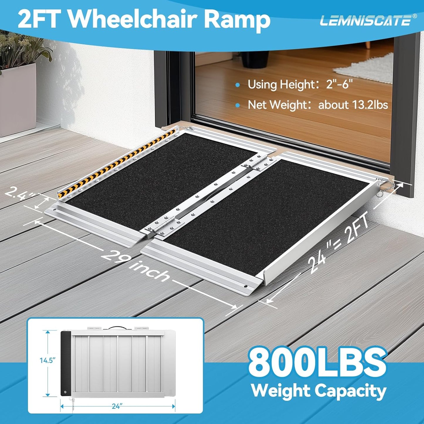 LEMNISCATE 2FT Wheelchair Ramps for Home Steps, Non-Skid Portable Handicap Aluminum Wheel Chair Ramps, 800LBS Capacity Folding Ramps for Wheelchairs for Homes, Entry, Shed, Doorways, Curbs, Stairs