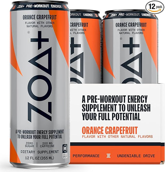ZOA+ Pre-Workout Energy Drink Supplement - NSF Certified for Sport with Zero Sugar, Nitric Oxide Support, B & D Vitamins, Amino Acids, and Electrolytes (Orange Grapefruit)