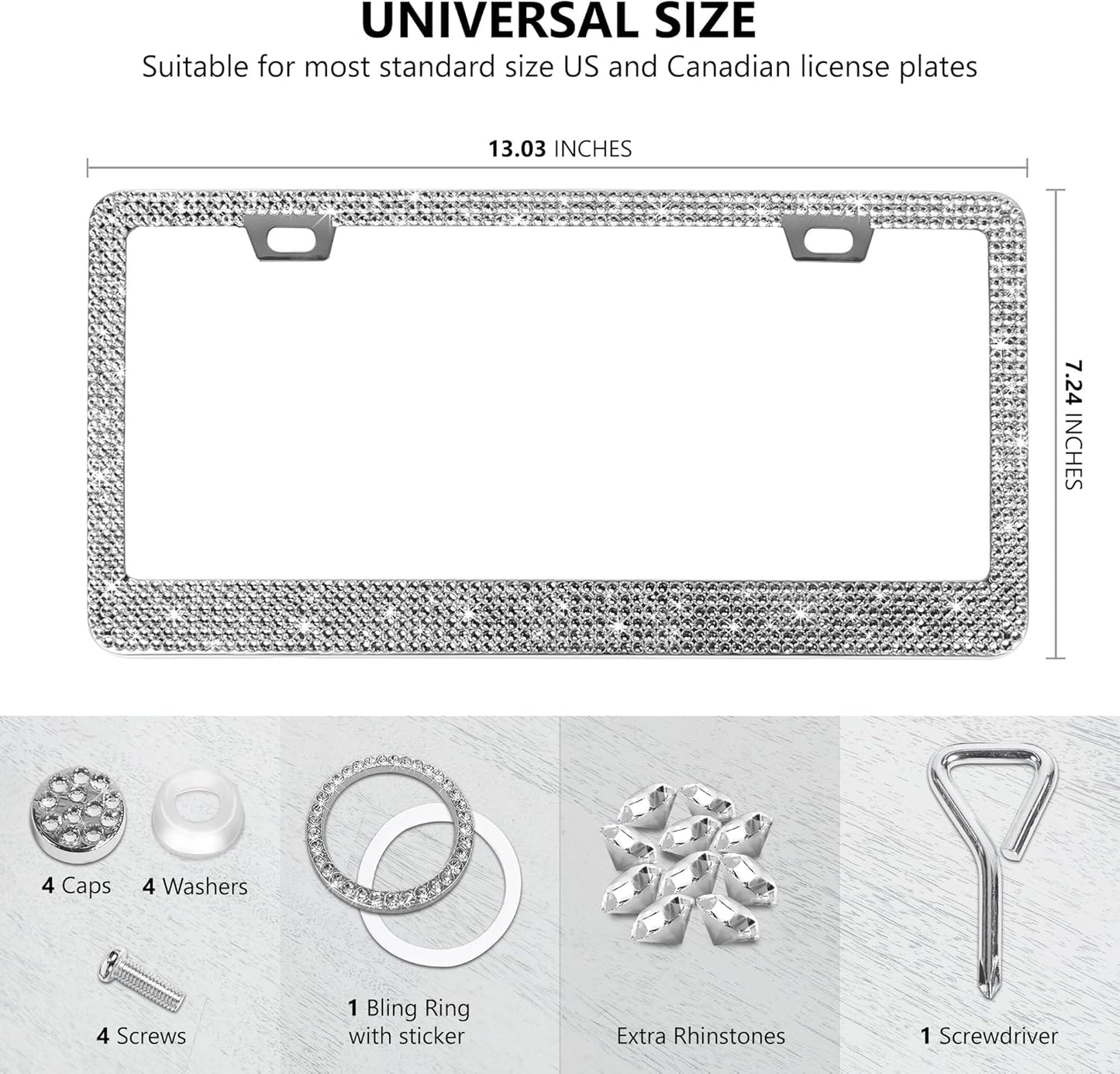 2 Pack Silver Bling License Plate Frames for Women - Stainless Steel with Diamond Sparkly Rhinestone License Plate Holder - Perfect Birthday for Auto Lovers