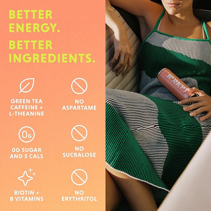 GORGIE Sugar Free Natural Energy Drinks, Peach (12 Pack) - Healthy Energy Drinks - Natural Coffee Replacement with Green Tea Caffeine and Biotin - 150mg Caffeine, Vegan, & Low Calorie