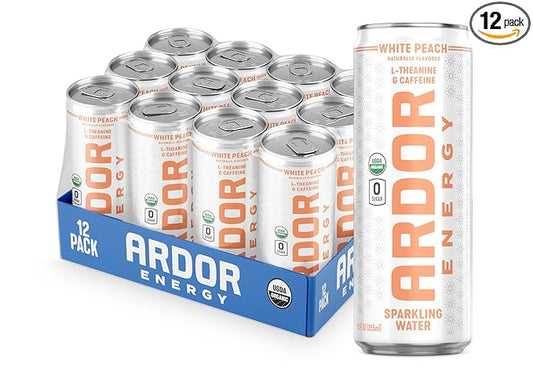 ARDOR ENERGY Sparkling Water with 100mg Natural Caffeine & 200mg L-Theanine from Organic Green Tea for Smooth Energy & Focus | Healthy Energy Drink | No Sugar, Zero Calories, Vegan, Gluten-Free | White Peach (Pack of 12, 12oz cans)