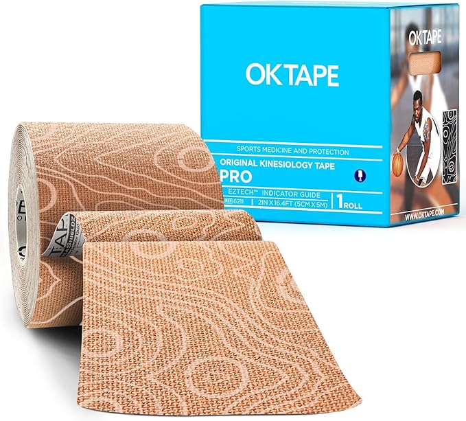 OK TAPE PRO Kinesiology Tape Uncut Roll, Elastic Physical Therapy Athletic Tape for Pain Relief, Muscle Support, Kinetic Tape, Water Resistant, 2in X 16.4ft -Beige