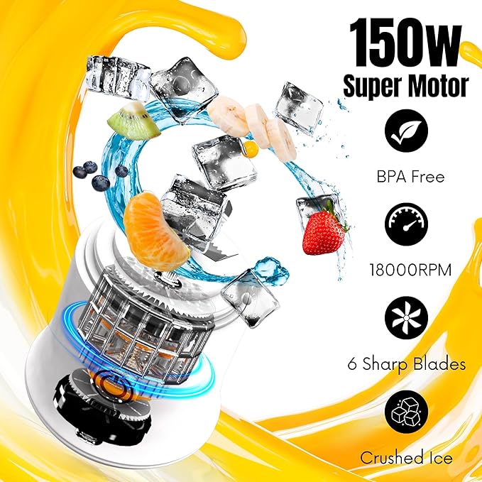 SSKAWorldwide Portable Blender - 21oz Smoothie Blender Rechargeable Small Blender with 6 Blades Personal Blender for Home Office Gym Sports and Travel (White)