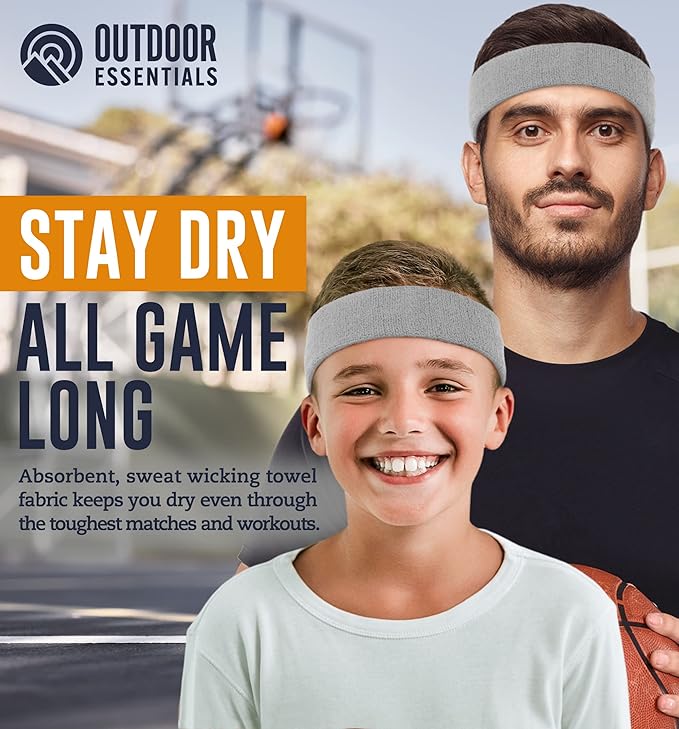 OutdoorEssentials Sweatbands & Wristbands - Wrist Sweat Bands Headbands for Men & Women - Multipack Terry Cloth Headbands or Wrist Bands for Working Out, Tennis, Basketball, Football, Gymnastics