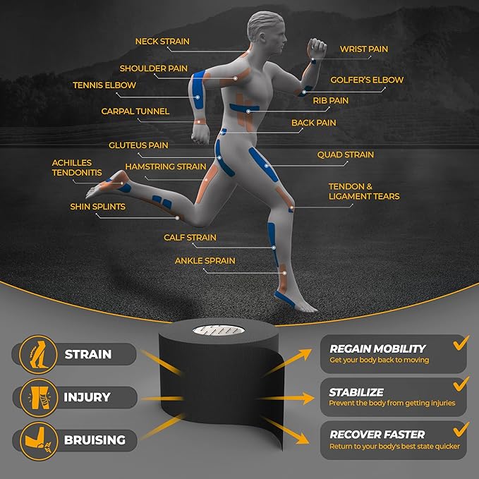 Kinesiology Tape-Incredible Support for Athletic Sports and Recovery + Free Taping Guide - Pre-Cut 2 inch 50 feet (Midnight Black + Free Taping Guide, 1 Pack)