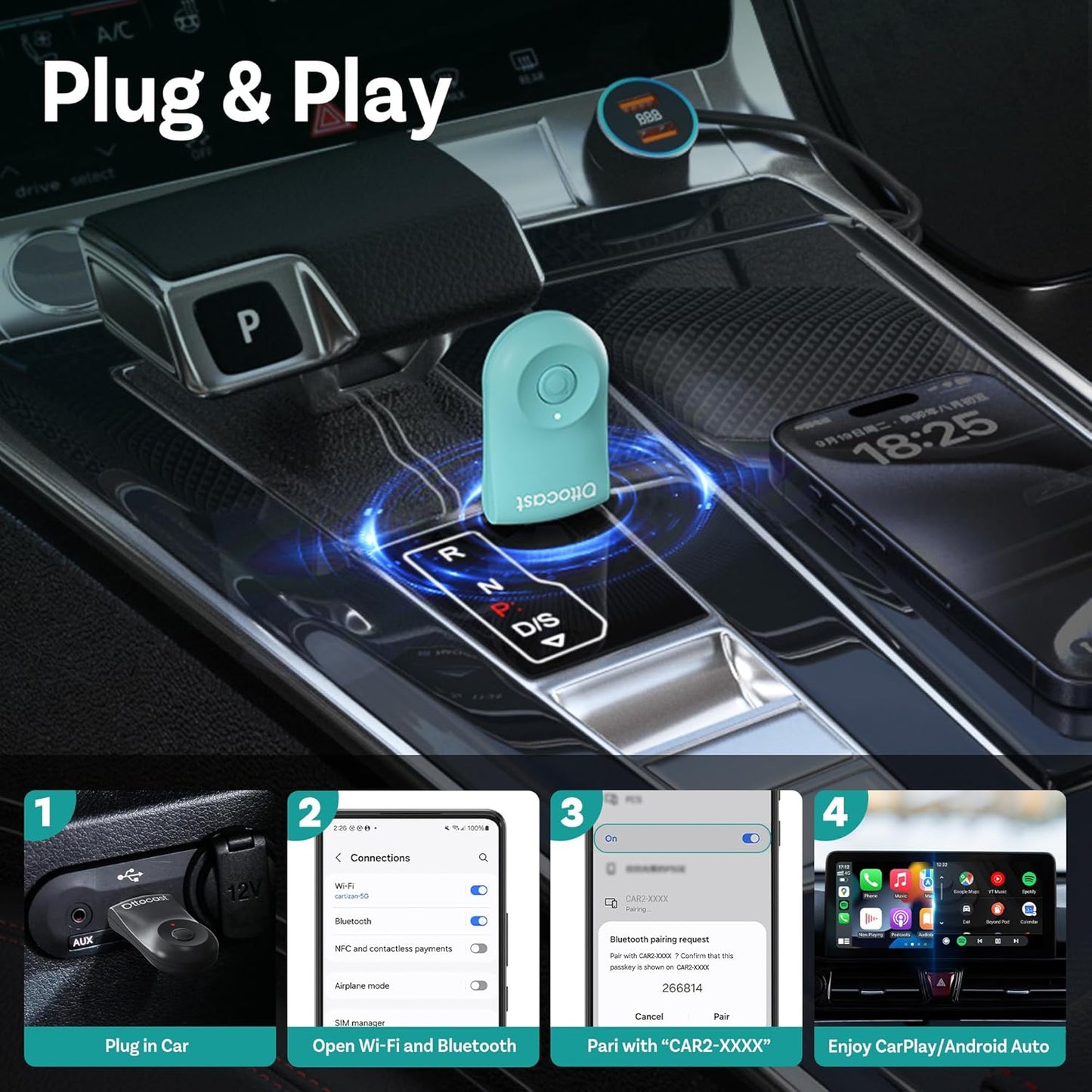 OTTOCAST Wireless Carplay Adapter 2025 for Apple iPhone, Convert Wired to Wireless Car Play for Older Cars Mini USB Design Plug & Play, Multi-User Seamless Connection for iOS 10+/ Android Auto (Green)