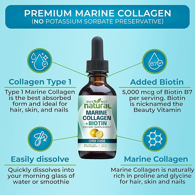 Why Not Natural Liquid Collagen Plus Biotin Drops for Women and Men - Supplement for Hair Growth, Skin, and Nails