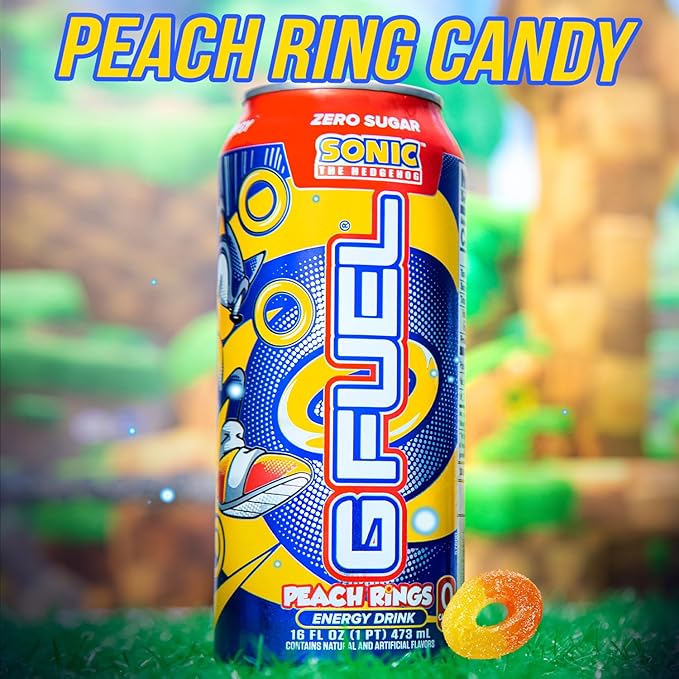 G Fuel Energy Drink, Peach Ring Candy, Sugar Free Beverage with 300mg Caffeine, Daily Energy Boost with Focus Amino, Vitamin + Antioxidants, 16 oz Cans (Sonic, 12-Pack)