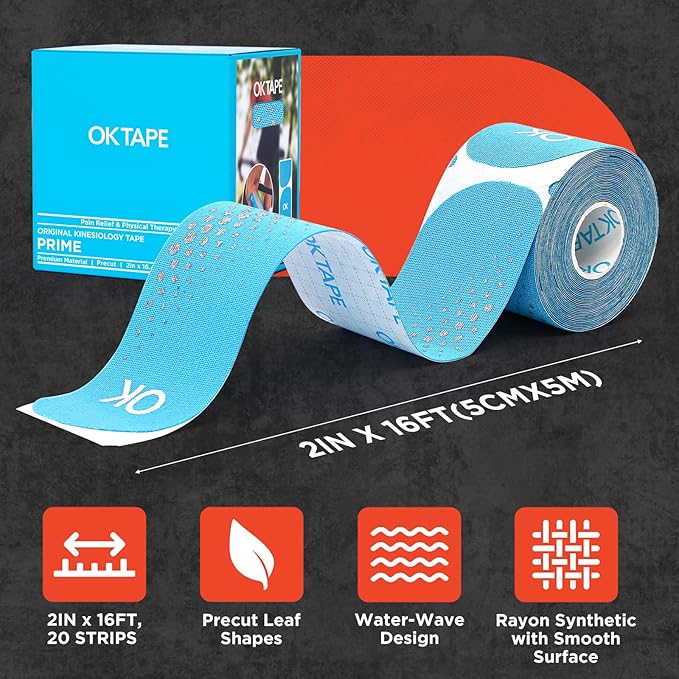 OK TAPE Synthetic Kinesiology Tape Precut Strips, Waterproof Kinesiology Athletic Tape for Muscle Support and Recovery, Reduce Muscle Discomfort K Tape, 2in×16.4ft Roll 20PCS | Blue