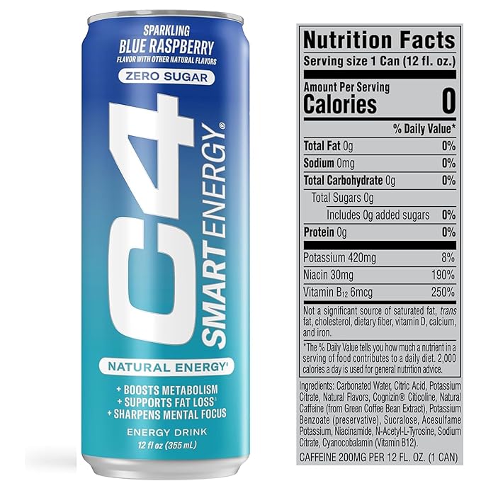 Cellucor C4 Smart Energy Drink ‚ Boost Focus and Energy with Zero Sugar, Natural Energy, and Nootropics - 200mg Caffeine - Blue Raspberry (12oz Pack of 12)