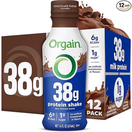 Orgain 38g High Protein Shake, Dairy Isolate Protein Milk, Chocolate Fudge, 6g BCAAs, 1g Sugar Per Serving, Meal Replacement, Ready to Drink, Keto Friendly, Gluten-Free 14 Fl Oz (Pack of 12)