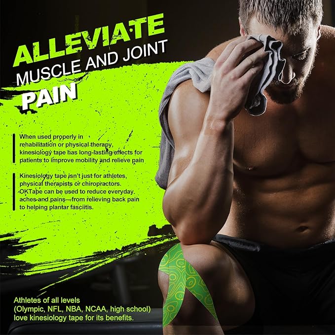 OK TAPE PRO Kinesiology Tape Uncut Roll, Elastic Physical Therapy Athletic Tape for Pain Relief, Muscle Support, Kinetic Tape, Water Resistant, 2in X 16.4ft -Green 2 Rolls