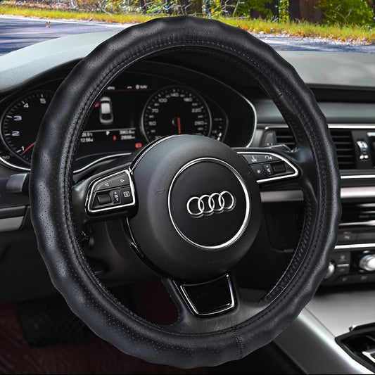 Haokay Heavy Duty Pure Cowhide Steering Wheel Cover, Black Genuine Leather Steering Wheel Cover Men Women Comfort Finger Grips Universal 14.5 to 15 Inch