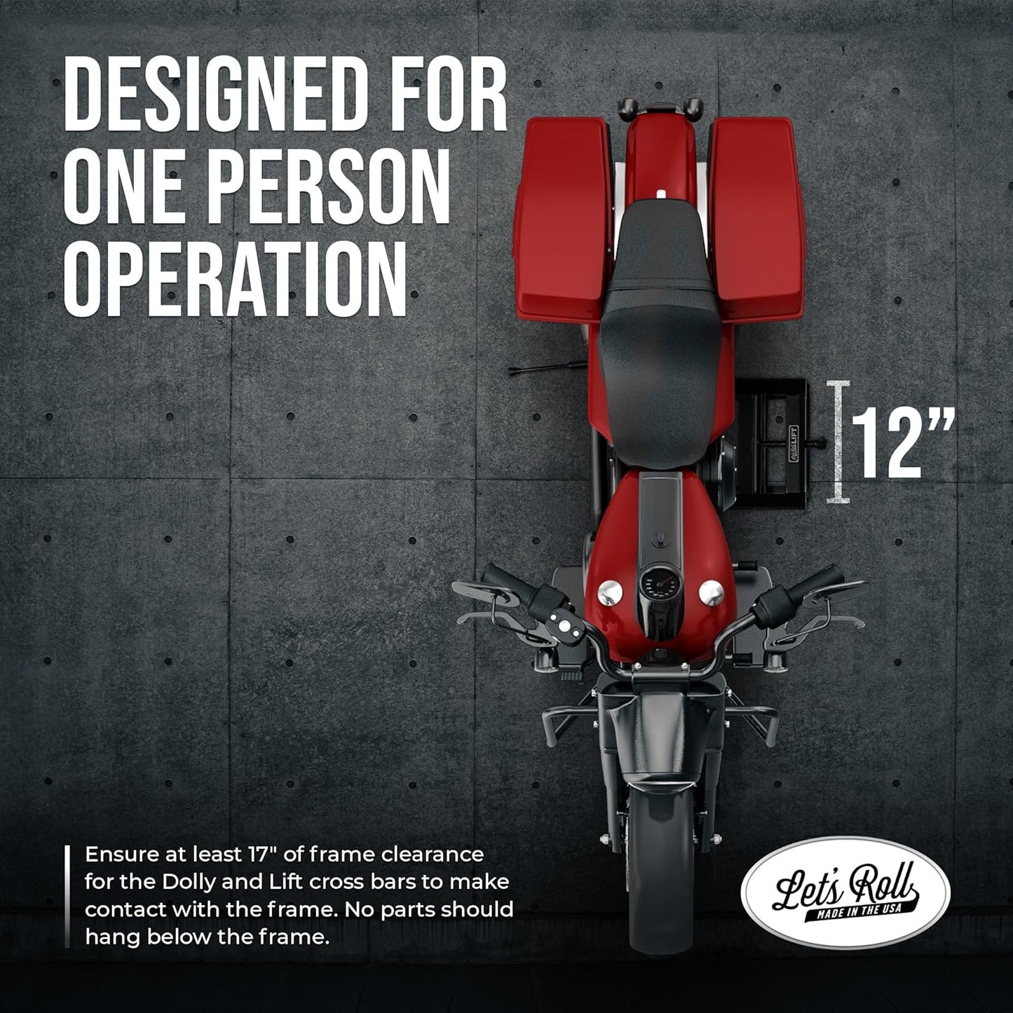 Let's Roll Standard Motorcycle Lift Jack - 1200 LB Heavy Duty Scissor Jack Stands, Scissor Lift Jacks, Motorcycle Accessories, Stable Garage Lifts with Mobility for Maintenance - Made in The USA