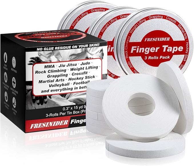 Finger Tape - Strong Athletic Tape | 0.3” x 45 Feet (9 Pack) Tin Set | No Sticky Residue | for Rock Climbing, BJJ Jiu Jitsu, Grappling, Judo, MMA, Rock Climbing and Martial Arts (White)