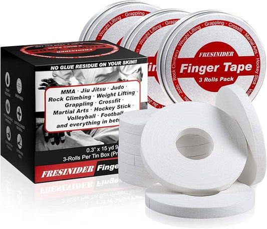 Finger Tape - Strong Athletic Tape | 0.3” x 45 Feet (9 Pack) Tin Set | No Sticky Residue | for Rock Climbing, BJJ Jiu Jitsu, Grappling, Judo, MMA, Rock Climbing and Martial Arts (White)