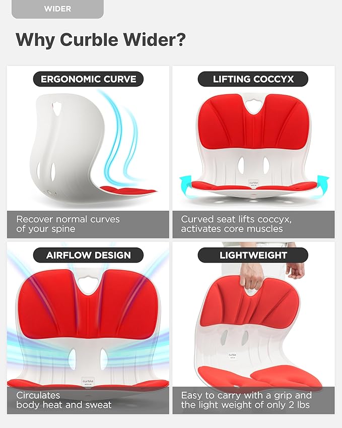 Curble Wider(Standard Wide) – Ergonomic Lower Back Support, Lumbar Support Back Posture Corrector for Low Back Pain Relief, Perfect for Home Office Desk Chair, and Floor Seat, Patented (Red)