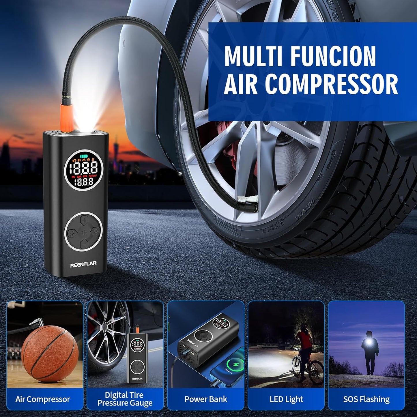 Cordless Tire Inflator with Dual Nozzle & Digital Gauge, 150PSI Portable Air Compressor for Car SUV Motorcycle Bike Tires, USB-C Rechargeable, Auto Shut Off, LED Light, 20000mAh 12V DC Power