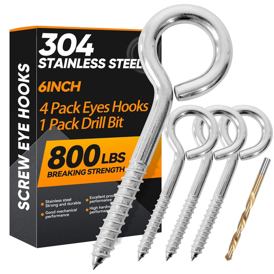 4Pcs 6 Inch Heavy Duty Screw Eyes Hooks, 304 Stainless Steel Self Tapping Eyelet Screw Eye Bolts,800LBS Breaking Strength, Screw in Eye Hooks for Wood Securing Cables Wire. (4, M10-6 Inch)