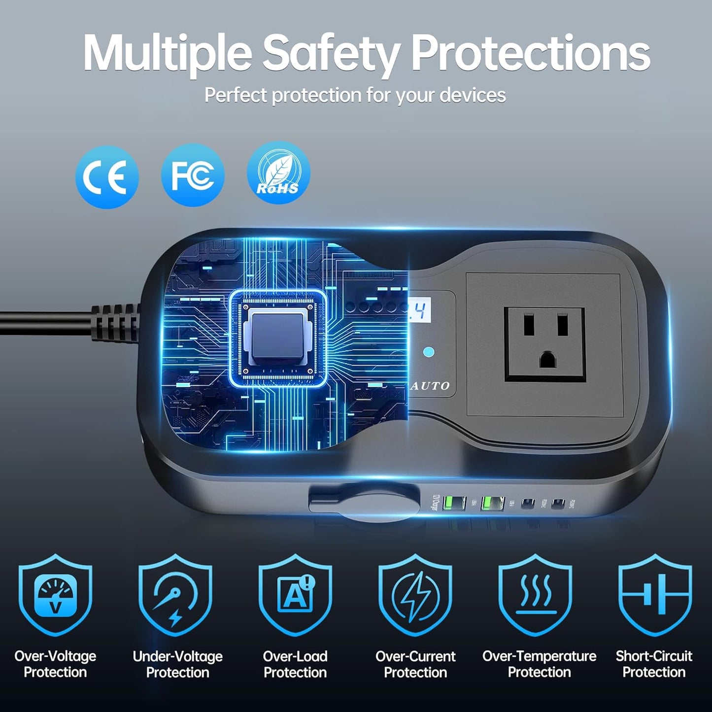 7 in 1 Car Power Inverter, 200W DC 12V to 110V AC Car Inverter with LED Voltmeter, 4-Port PD/QC3.0 Charge, 2 Car Outlets and Cigarette Lighter Adapter USB C Car Charger for All Car Devices