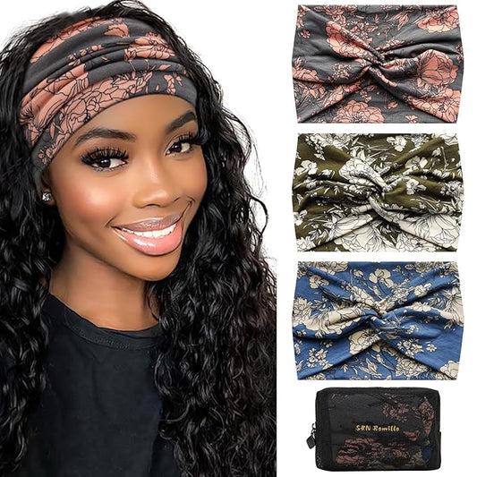 S&N Remille Wide Headbands for Women, Large Hairband, Elastic Non-Slip Headband Twist Knotted Accessories, Yoga Workout Vintage Hair 3 Pack (Colour-2)