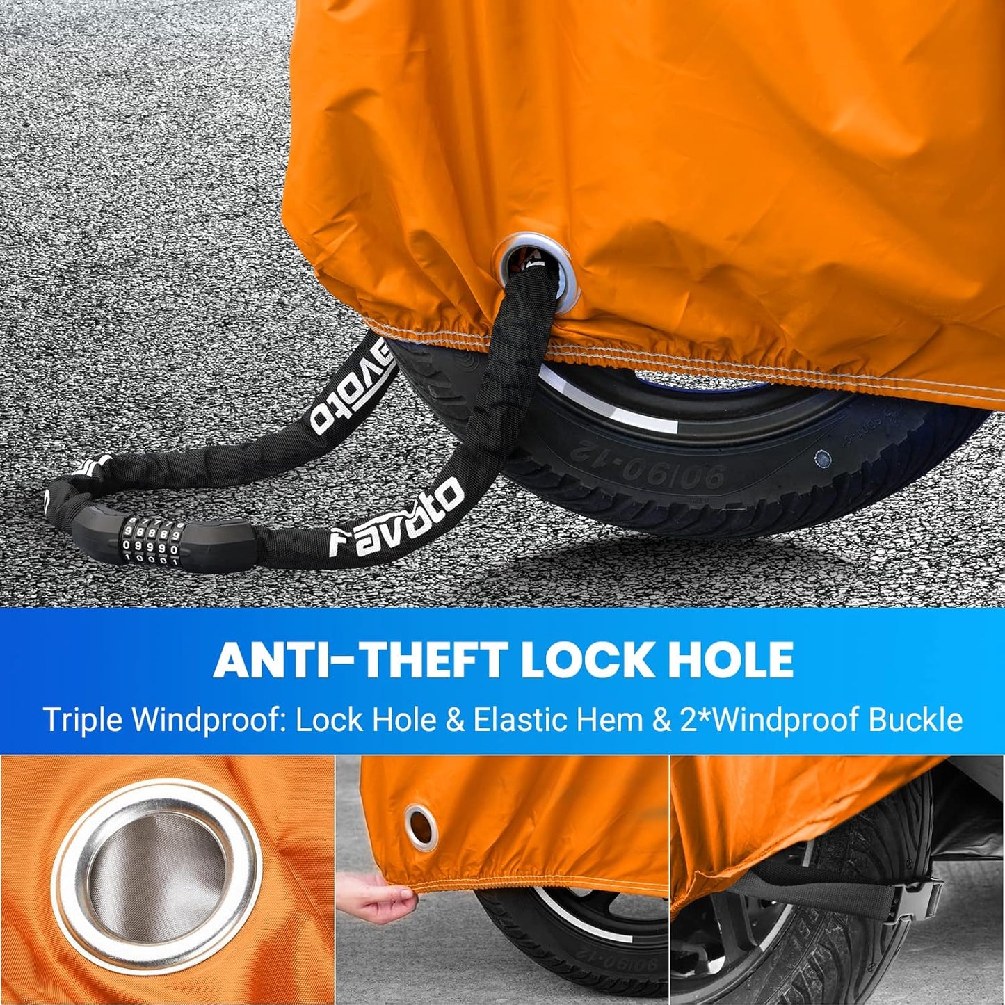 Favoto Motorcycle Cover Waterproof Outdoor - 116 inches Length All Season Universal Weather Sun Protection Night Reflector with Lock-Holes & Storage Bag Motorbike Vehicle Cover