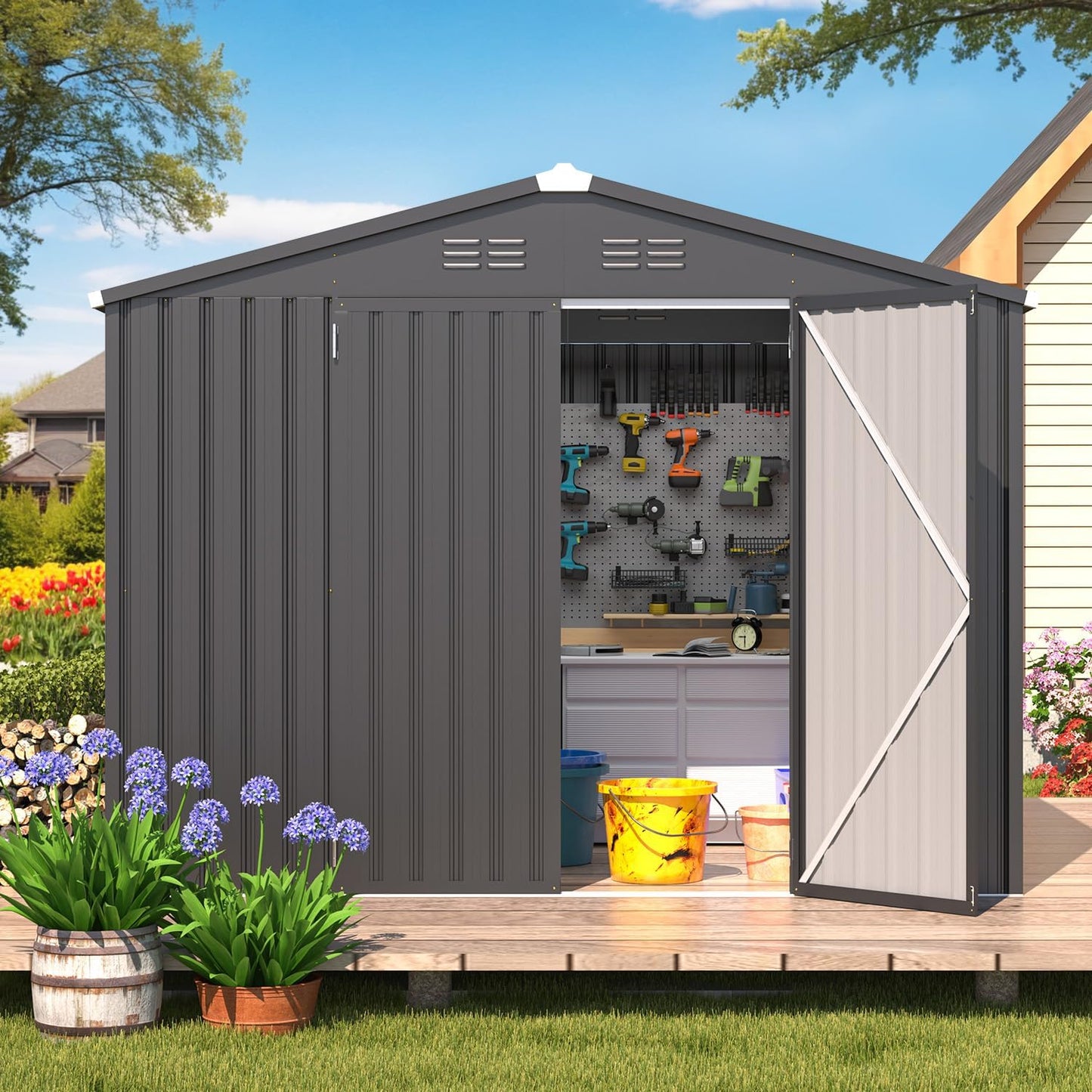 AECOJOY Shed 8' x 6' Metal Storage Shed for Outdoor, Dark Grey Steel Backyard Shed (53 Sq.Ft Land) with Design of Lockable Doors, Utility and Tool Storage for Garden, Backyard, Patio, Outside use