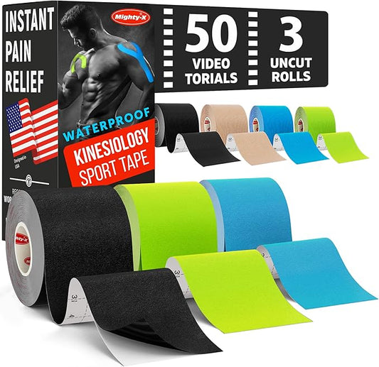 Waterproof Kinesiology Tape - 3 Rolls - Knee Support & Muscle Pain Relief - 16.4 ft Uncut Sports Kinetic Tape for Joint Stability - 50 Instructional Videos