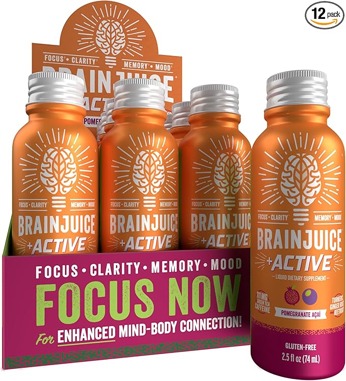 BrainJuice Active Focus & Energy Drink Shots, Supports Endurance, Recovery & Clarity, Non-GMO, Gluten Free, Nootropics, Alpha GPC, B Vitamins & Organic Green Tea, Pomegranate Acai, 2.5 fl oz, 12 Pack