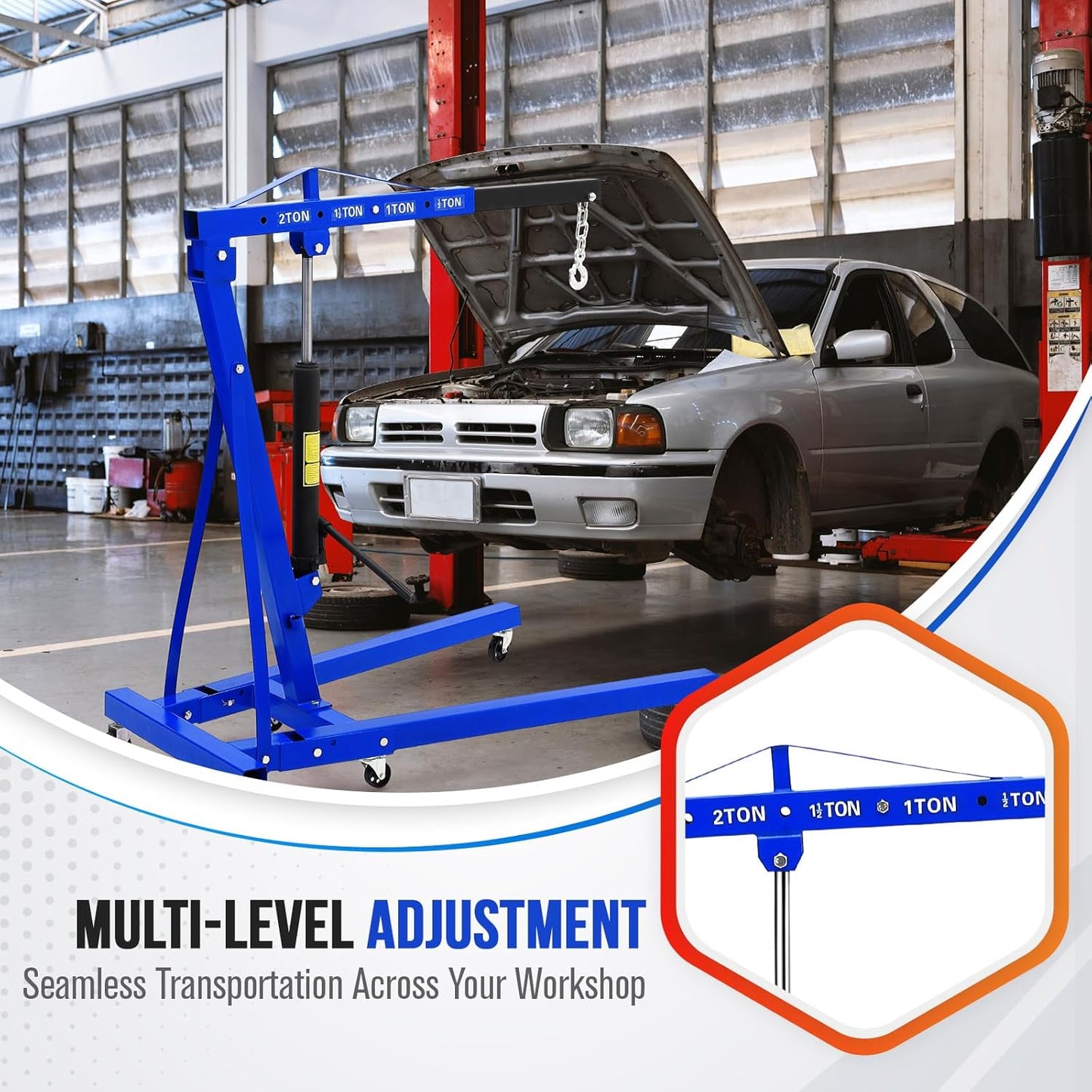 2 Ton Hydraulic Engine Hoist with Lever Stabilizer , Cherry Picker Engine Hoist, 4400LBS Heavy Duty Garage Crane with 6 Swivel Casters & Adjustable Telescopic Boom, for Auto Repair & Workshop (Blue)