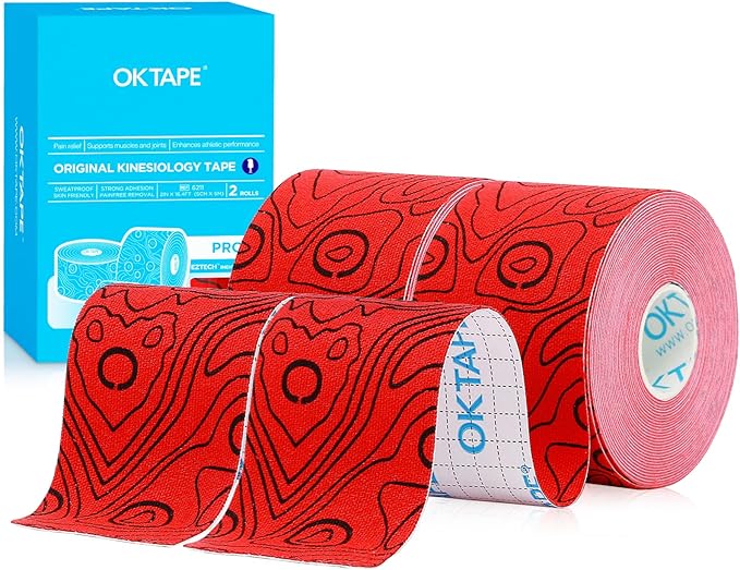 OK TAPE PRO Kinesiology Tape, 2inch x Long Roll 16ft Free Cut Tape, Elastic Athletic Tape Therapeutic Latex Free, 2 Rolls Red+Black