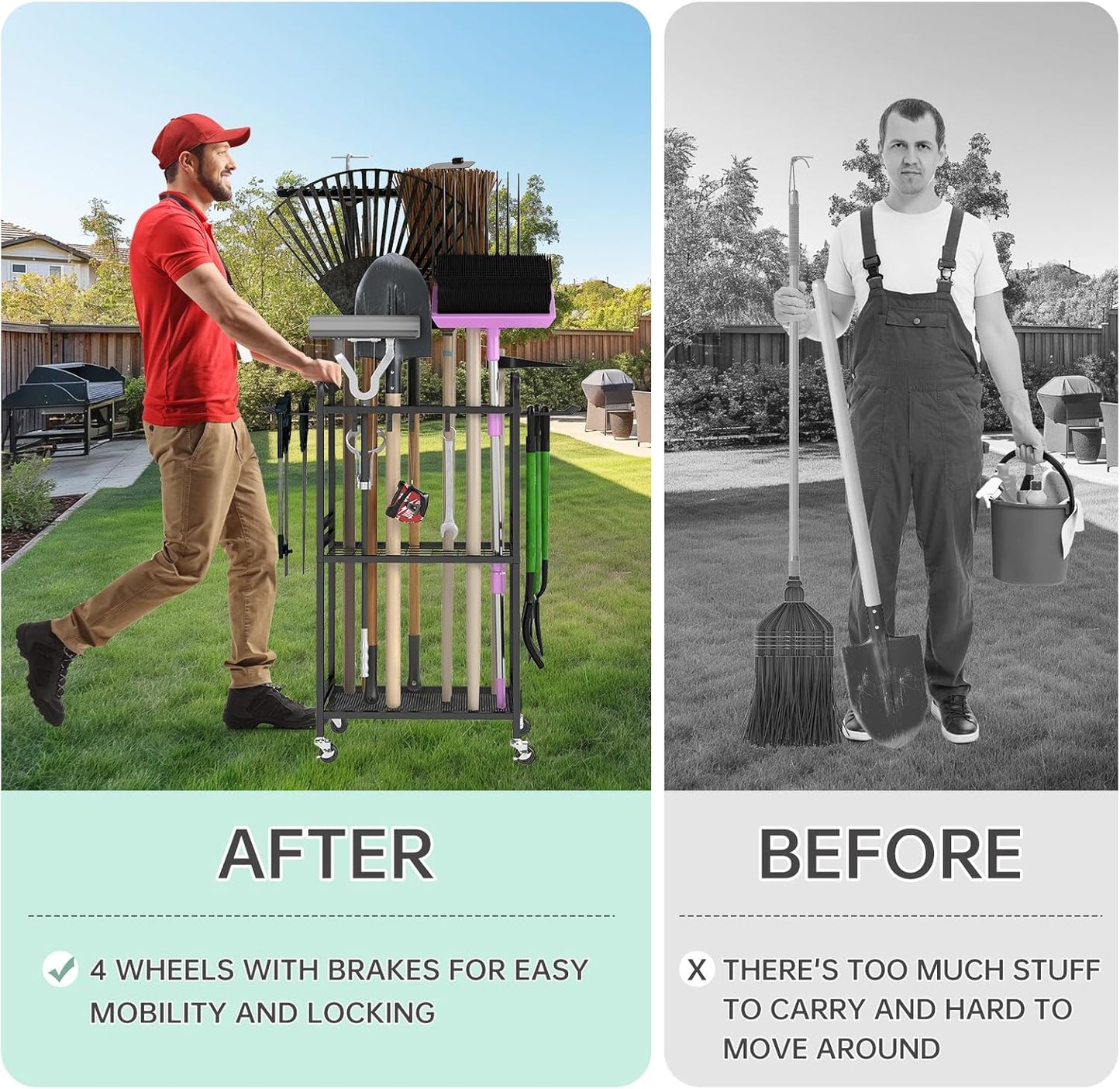 Hadulcet Garden Tool Organizer, Metal Garage Organization and Storage with Lockable Wheels, Garden Tool Rack with Storage Hooks, Heavy Duty Yard Tool Organizer for Garage, Shed, Lawn, Outdoor, Black