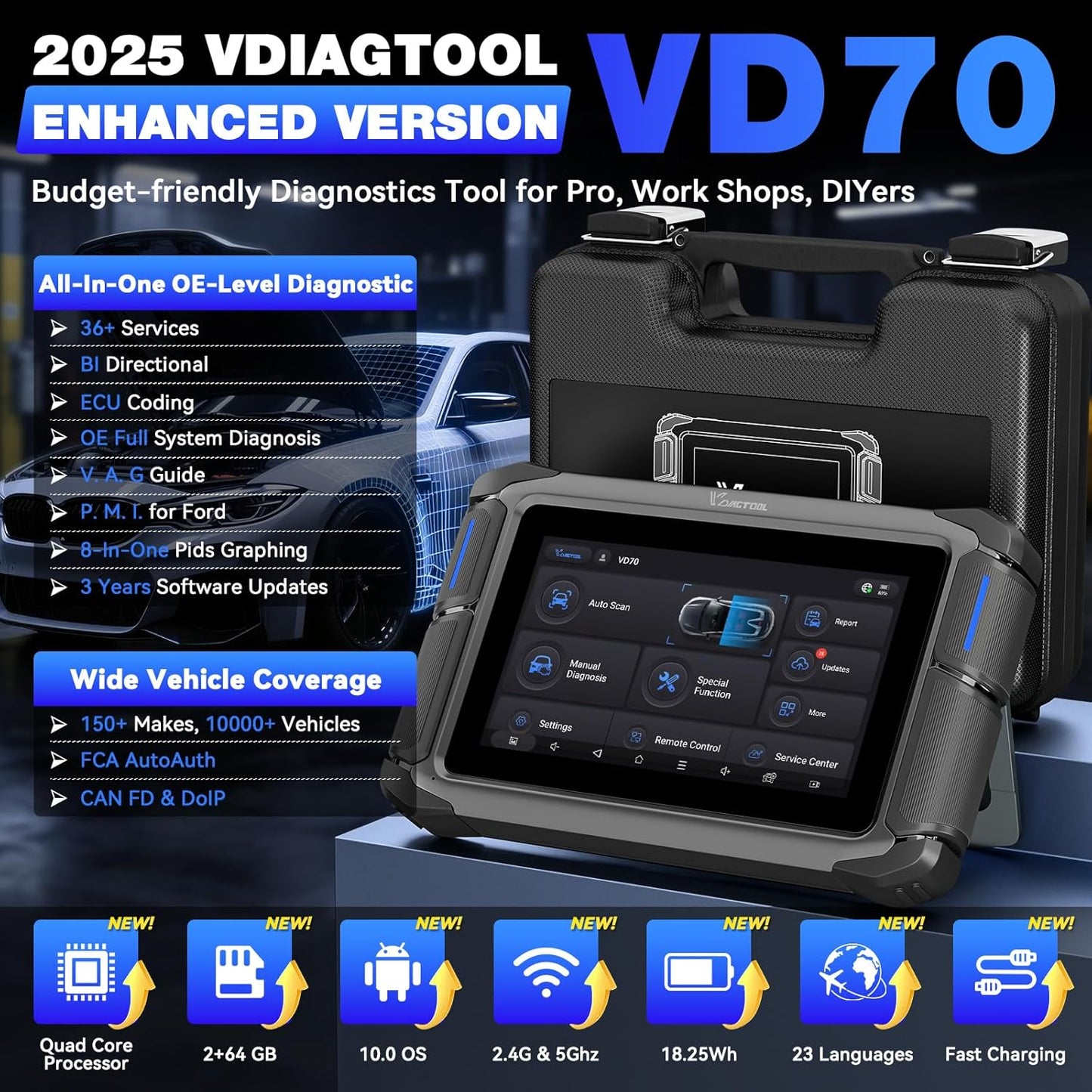 VDIAGTOOL Bidirectional Scan Tool VD70, OBD2 Scanner Diagnostic Tool with ECU Coding, 36+ Resets, PMI, FCA AutoAuth, All System, CAN FD & DoIP, V.A.G. Guide, 3-Year Update