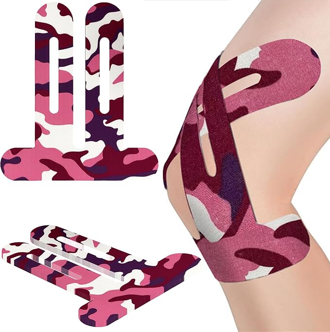Precut Kinesiology Tape for Knees,12 Pcs – Elastic Knee Support & Stability, Pain Relief – Waterproof, Breathable, Hypoallergenic Athletic Tape (Camo Pink)