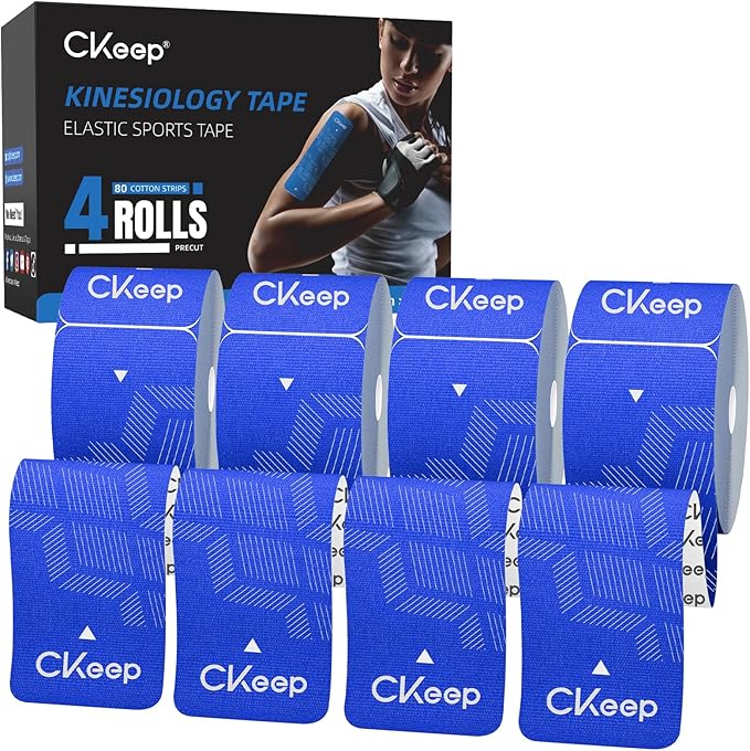 CKeep 4 Rolls Kinesiology Tape, Original Cotton Elastic Athletic Tape, 20 CT 10" Precut Strips Each, Waterproof Tape for Muscle Strain Relief and Joint Support, Blue