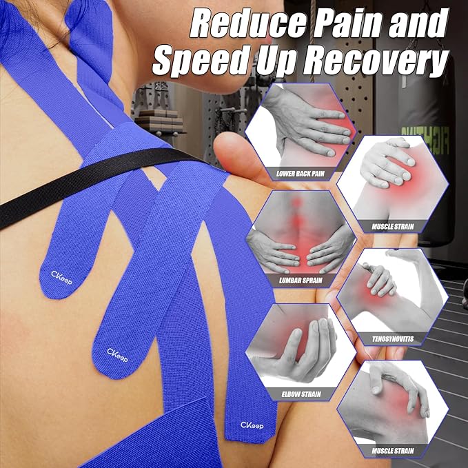 CKeep 4 Rolls Kinesiology Tape, Original Cotton Elastic Athletic Tape, 20 Precut 10" Strips Each, Blue, Ideal for Muscle Support & Injury Prevention