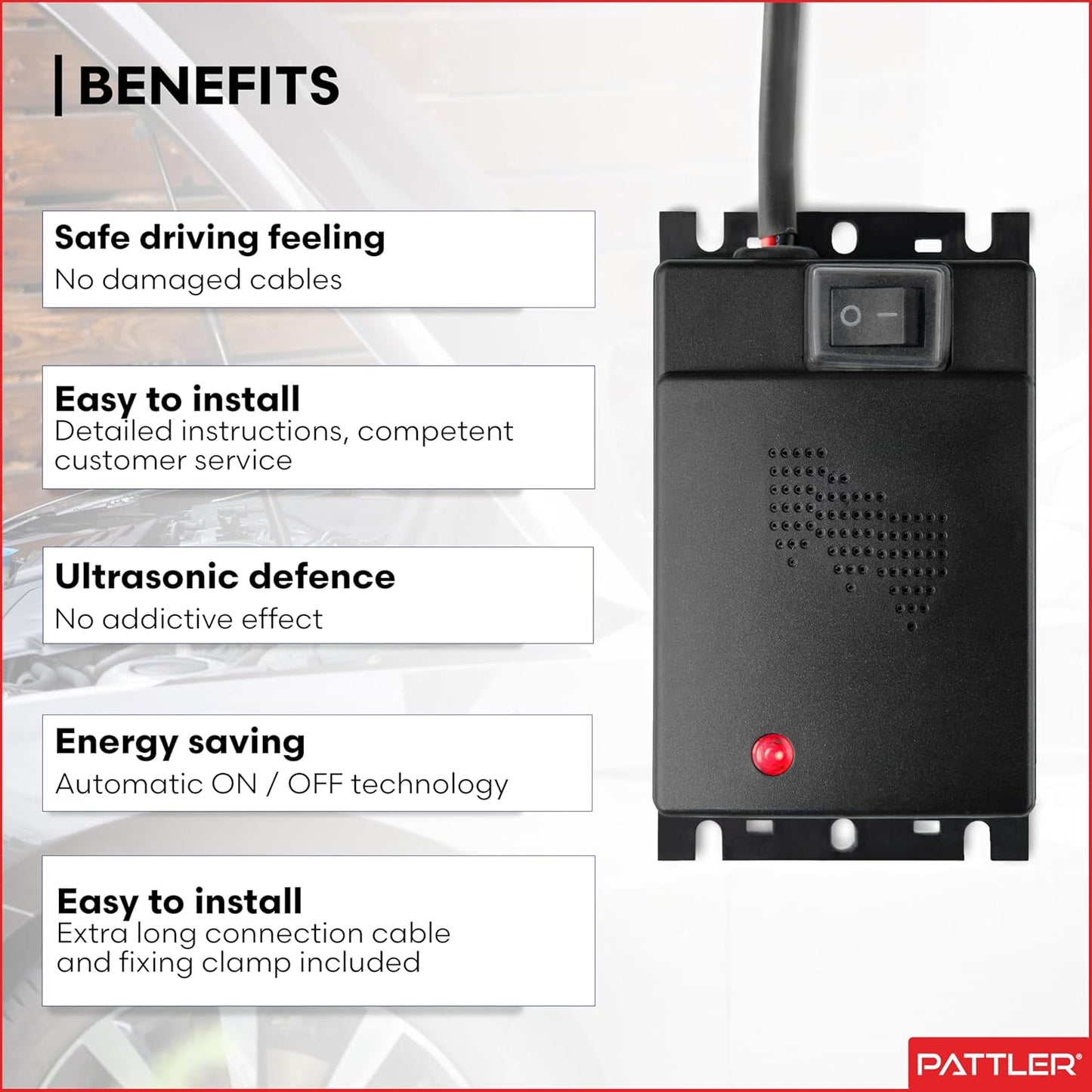 PATTLER® Marten Repellent for Car Engines - Ultrasonic Marten Repeller Under Hood for Immediate and Long-Term Protection Against Martens. Marten Deterrent for Cars Powered by 12V Car Battery - 2 Unit