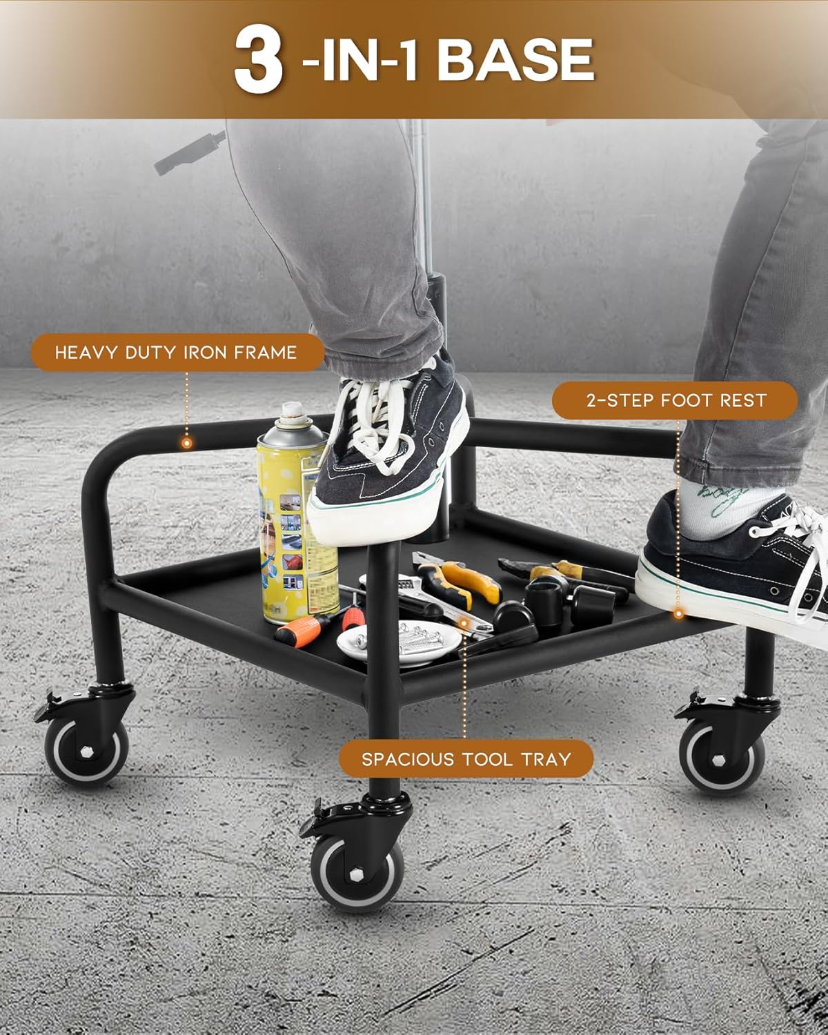 Shop Stool with Lockable Rubber Wheels Adjustable Backrest Tool Tray Storage 400 lb Capacity Rolling Garage Stool (Grey)