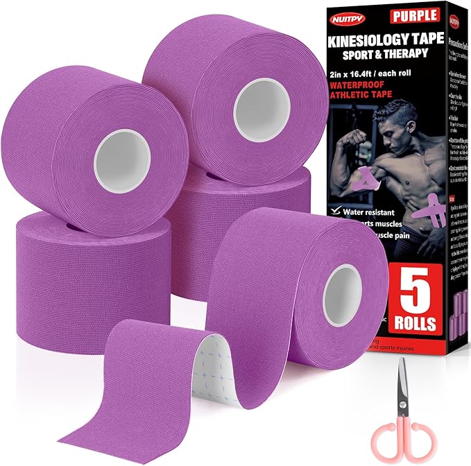 5 Rolls Kinesiology Tape, 2 inch x 16.4 Feet Waterproof Athletic Tape, Uncut Kinetic Tape, Muscle Tape, Sports Tape, Knee Tape for Exercise and Daily Use - Purple