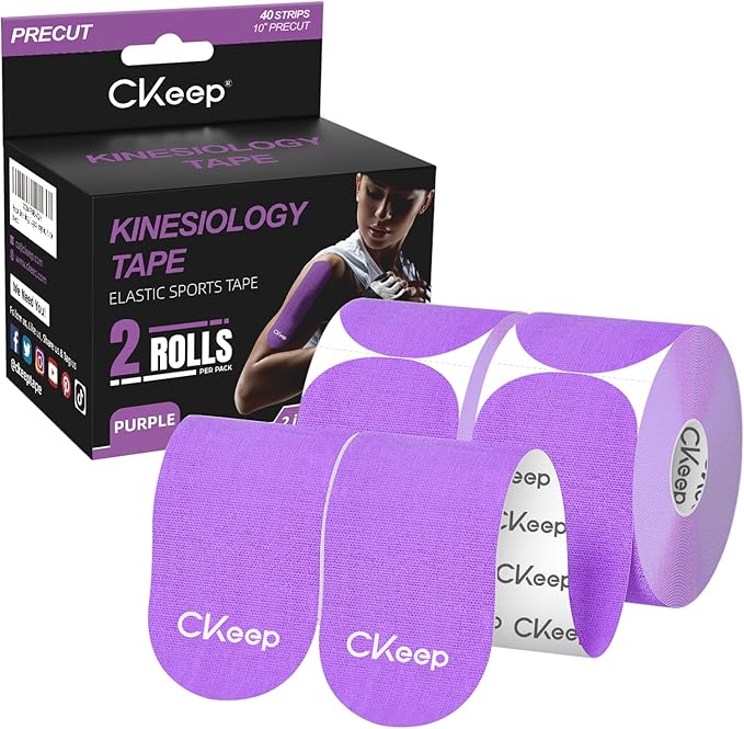 CKeep Kinesiology Tape, 2 Rolls Cotton Latex Free Hypoallergenic Elastic Precut Strips, 2 Inch Wide Waterproof Athletic Tape for Knees Pain Injuries Sprains, Purple